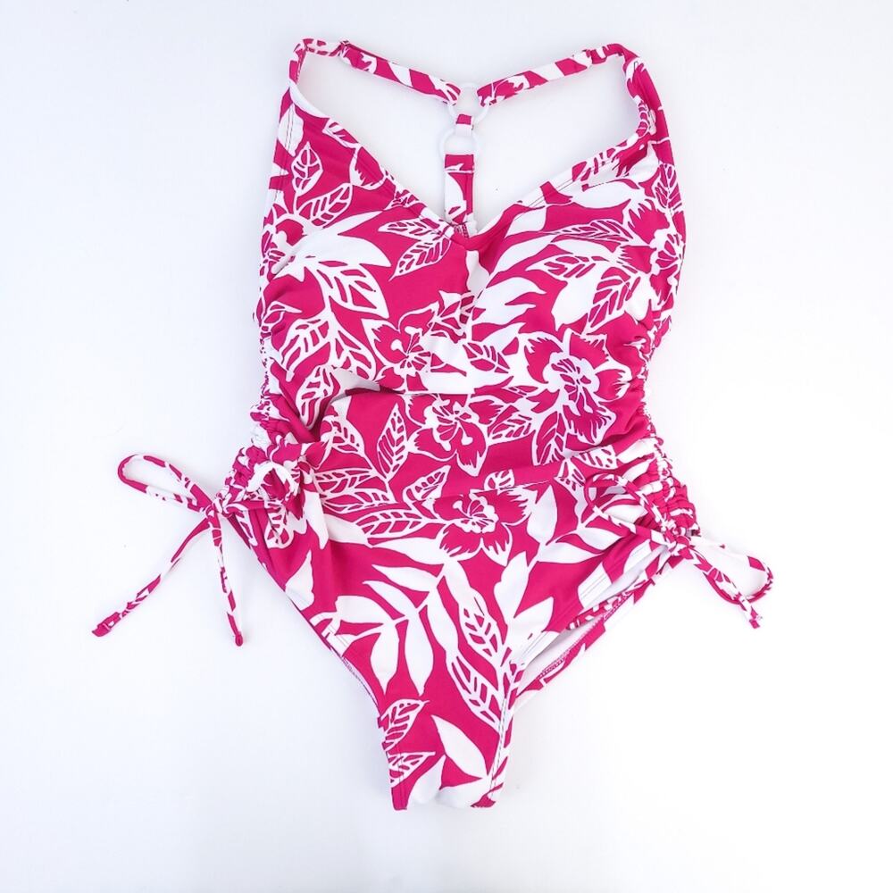 Kona Sol One Piece Swimsuit Small Pink & White Floral, Ruched Sides Excellent